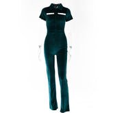 Lizakosht Green Zipper Velvet Jumpsuits For Women Sexy Short Sleeve Wide Legs Jumpsuit Autumn Femme Turn-down Collar Outfits